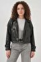 Women's Classic Collar Belted Double Button Black Jacket - 4