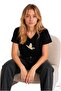 Black V-Neck Basic T-Shirt with Bird Stone Print Detail - 6