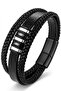 Men's Leather Bracelet - Black Silver Wicker Knitted Stylish Modern - 3