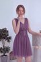 Women's V-Neck Flared Pleated Stone Detailed Short Evening Dress Tulle Burgundy, Navy Blue, Lilac, Black - 7
