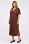 Women's Plus Size Brown, V-Neck, Stone Detailed, Oversize Viscose Dress 65N39557 - 7