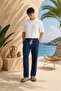 Men's Comfortable Fit Linen Trousers with Embroidery Detail and Elastic Waist E225