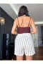 Camel Striped Beige Linen Shorts with Elastic Waist - 5