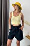 Women's Adjustable Waist Double Pocket 100% Cotton Shorts Navy Blue - 5544 - 4