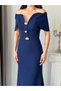 Navy Blue Madonna Collar Belted Evening Dress with Button Detail - 5