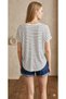 Women's Striped Ecru Navy Blue V-Neck Off-Shoulder Dirty Stitched Short Sleeve Thsirt with Piping Detail - 3