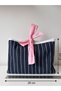Handmade Navy Blue and White Striped Patterned Fabric Bag / Tote Bag with Pink Bow Detail - 4
