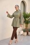 Side Collared, Buttoned, Striped, Lace-Up Crinkle Shirt -Khaki - 6