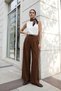 Lace-Up Waist Detailed Pleated Loose Crepe Trousers Brown - Brown