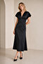Women's Satin Fabric Draped V-Neck a Line Cut Black Midi Evening Dress 77167