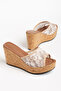 Beige Mesh Embroidered Floral Embroidered Cork Covered Slippers Women's Shoes - 3
