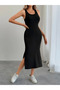 Women's Strap Round Neck Side Slit Viscose Dress with Lace Detail on the Back - 2