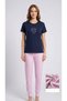 Women's Navy Blue Short Sleeve Pink and White Striped Bottom Pajama Set