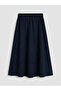 Modest Navy Blue Elastic Waist Linen Blend Flared Skirt - 7