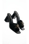 Mırev Women's Leather Thick Heeled Gold Buckle Square Toe Banded Daily Comfortable Use Heeled Slippers - 2