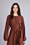 100% Cotton Crew Neck Poplin Long Sleeve Brown Midi Dress H8773Ax26Sm - 3