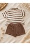 Boy's Striped Polo Collar Knitwear Shorts Set Brown Ecru - 2