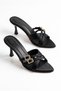 Women's Black Satin Double Buckle Pointed Toe Thin Heeled Slippers Martin