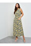Yellow Floral Print Sleeveless Midi Dress