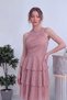 Women's Halter Neck Glitter Layered Skirt Mini Evening Dress Black, Powder, Burgundy, Indigo, Navy Blue, Fuchsia - 7