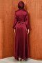Burgundy Waist Belted Patterned Satin Evening Dress - 5