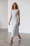 Women's blue floral crew neck midi lined knitted dress alc-x15559