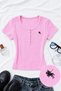 Button Pink Embroidered Snap Fastener Round Neck Ribbed Stretchy Fitted Premium Short Sleeve Blouse
