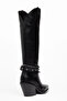 Black Matte Leather Metal Toe Cap Below Knee Staple Belt Detail Western Cowboy Boots - 3