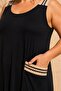 Women's Black Plus Size Straw-Looking Stripe and Pocket Detailed Skirt with Flounce Hem, Flexible Viscose, Thick Strap Long Dress - 2