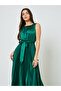 Green Satin Pleated Midi Dress with Tie Waist - 2