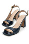 Women's Patent Leather Design Asymmetrical Strapped Blunt Toe Navy Blue Patent Leather Thick Heeled Shoes - 5