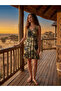Women's Khaki Colorful Patterned V-Neck Sleeveless Skirt with Ruffles Comfortable Fit Viscose Elastane Fabric Dress - 6