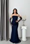 Navy Blue Strapless Stone Embellished Underwire Lace Evening Dress with Gloves
