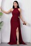 Halter Neck Draped Buckle Evening Dress Ecr5862 - 5