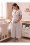 New Season Beige Melange Flounced Full Length Easy Breastfeeding Design Short Sleeve Maternity Nightgown Set - 6