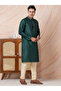 Mens Teal Green Self Design Jacquard Silk Kurta Set - 3