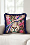 Leopard Floral Pattern Exotic Fringe Pillowcase - Wild Floral Navy Blue Tassel Throw Pillow Cover - 2