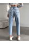 Women's Light Blue High Waist Mom Jean Pants Flexible - 2