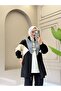 Women's 3-Piece Set Zippered Jacket T-Shirt Pants Double Crepe N-05527 _ Black-Gray - 2