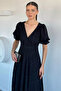 Black Women's Double-Breasted Collar Embossed Patterned Dress - 3