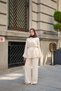 Women's Floral Embroidered Hidden Button Detail Shirt Linen Suit Cream - 4