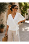 Women's Double-Breasted V-Neck Viscose Blouse with Side Tie Detail - 4