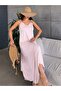 Women's Strappy V-Neck Viscose Maxi Dress with Ring Detail and Asymmetrical Cut - 4