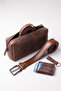100% Genuine Crazy Cowhide Leather Set of 4 - Handbag, Belt, Card Holder, Keychain - Combination - 5