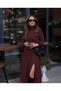 Women's long sleeve turtleneck deep slit detail crepe dress - 2
