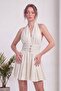Women's Halter Neck Backless Front Button Detailed Mini Evening Dress Ecru, Plum - 6