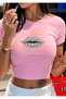 Women's Crop Slim Fit Stoned Lip Printed 100% Cotton T-Shirt – Black