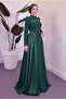 Pearl Detailed Crepe and Satin Combination Flared Hijab Evening Dress - 2
