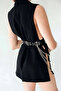 Black Leather Waist Belt with Chain Detail - 3