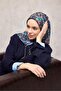 Cotton Polyester Scarf Dark Navy Blue-Blue Cream Orange Botanical Patterned Soft Textured 90X90 - 2
